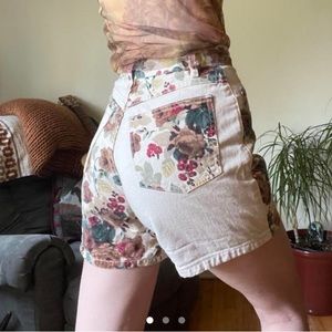Vintage floral patchwork denim pants with inverse design cream and burgundy